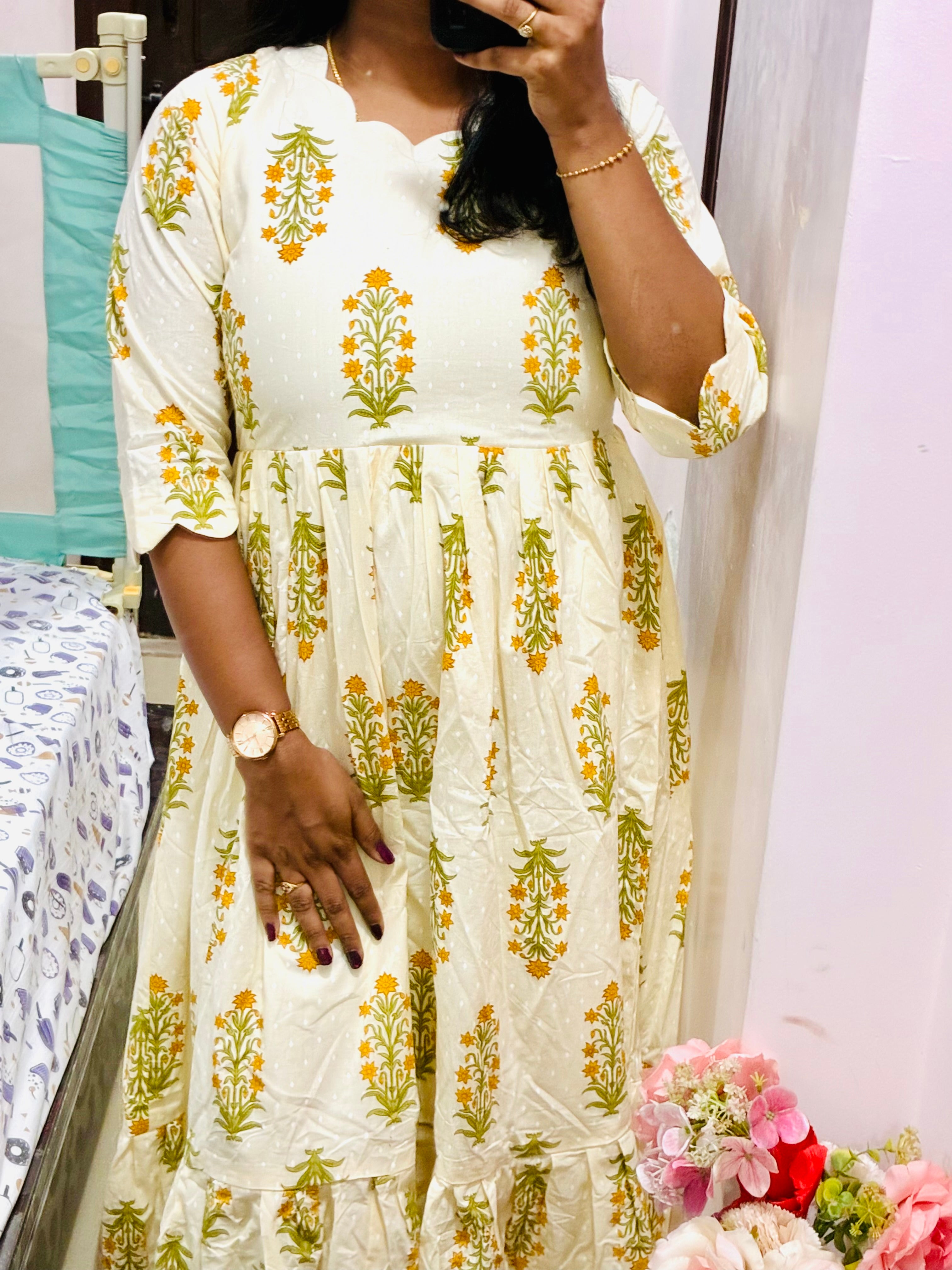 Cream floral cotton frock 🌸