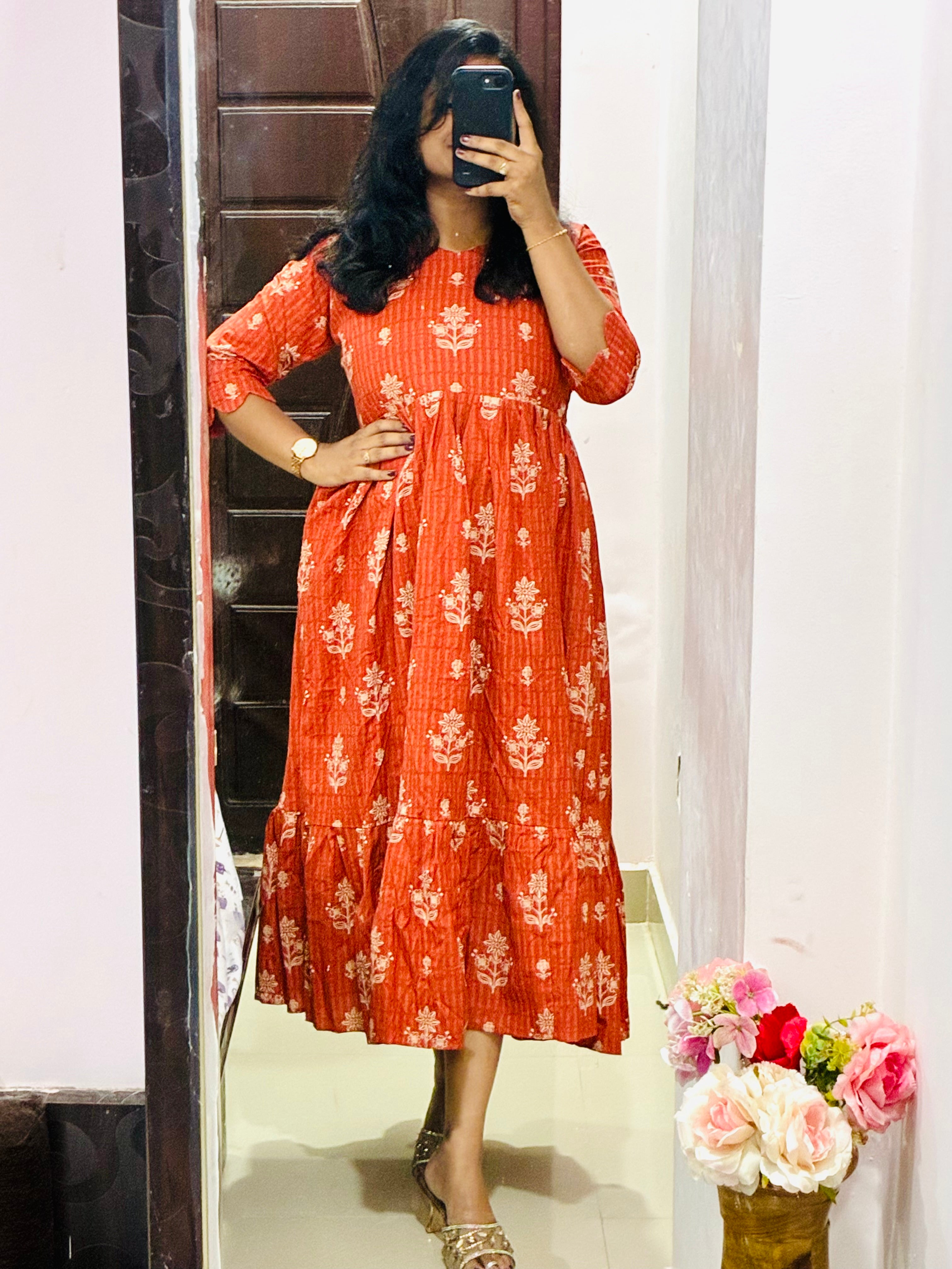 Rust Orange Floral Frock 🌼
