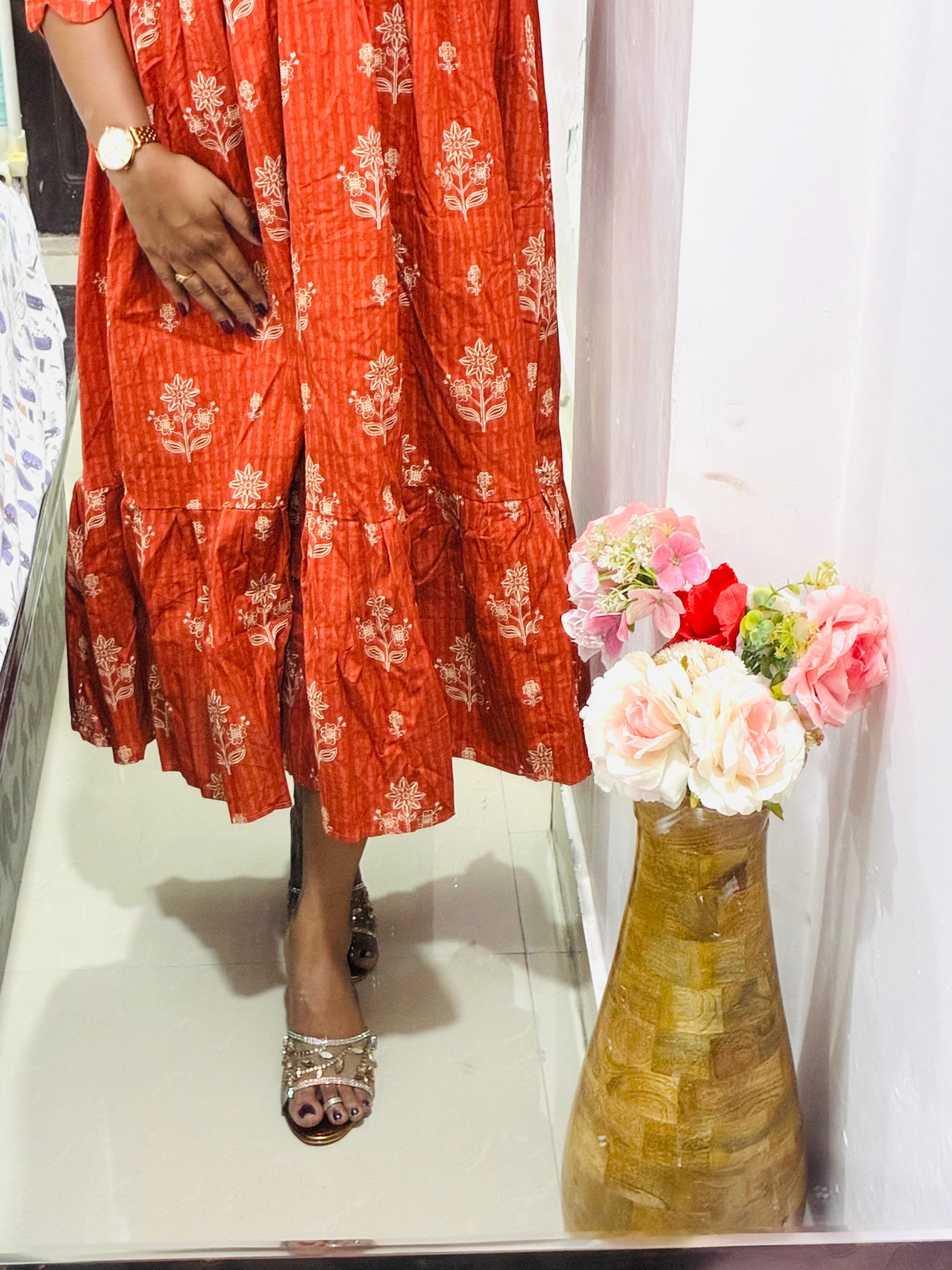 Rust Orange Floral Frock 🌼