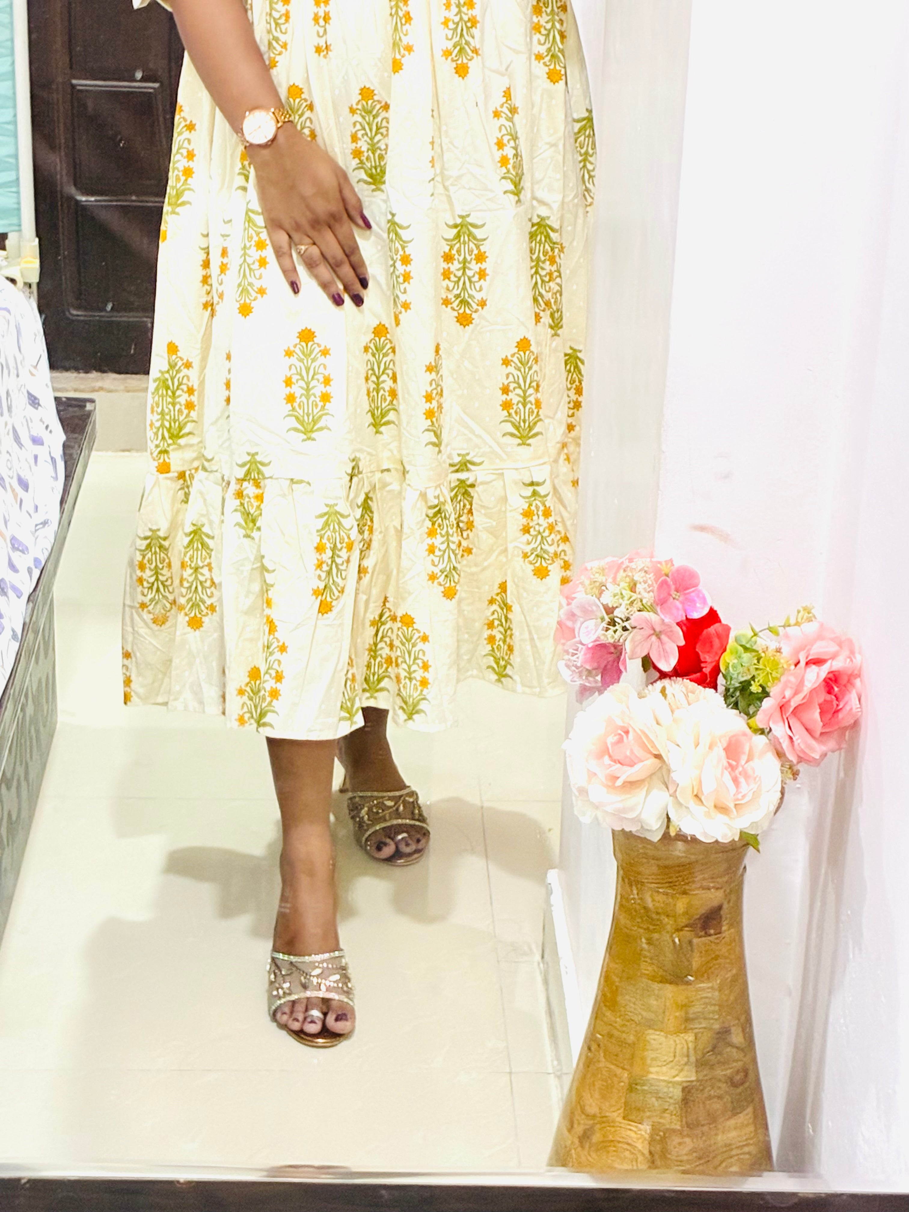 Cream floral cotton frock 🌸