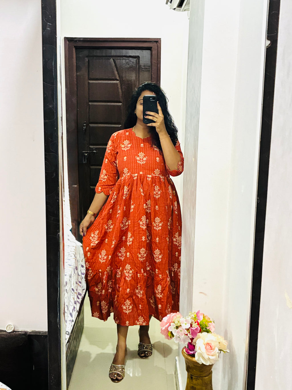 Rust Orange Floral Frock 🌼